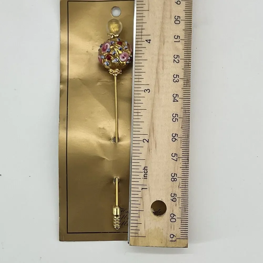 Handmade Murano Glass Hat Pin Gold Foil Floral Venetian Italy Art Glass Vintage